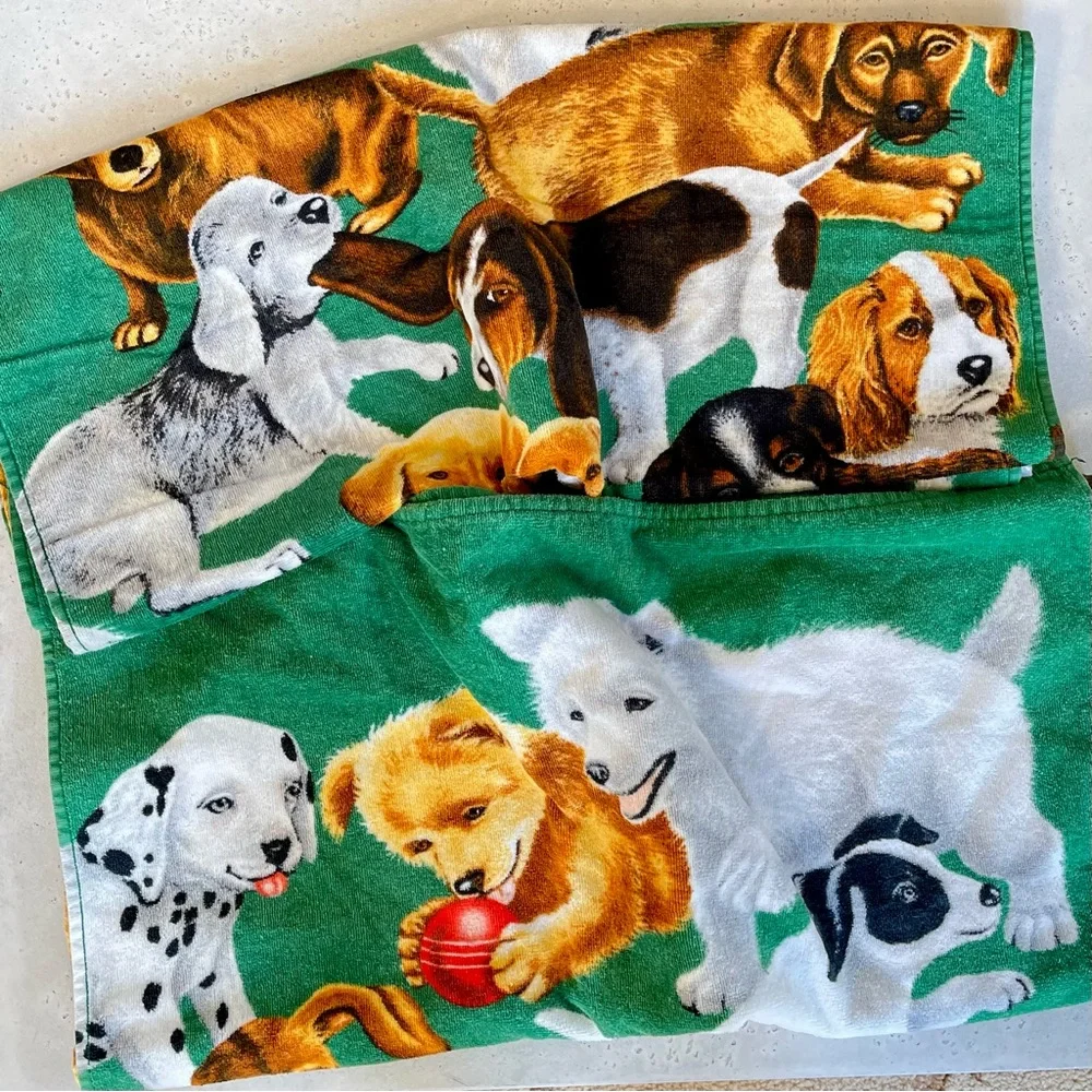 Set of 2 Vintage Hilasal Puppies Print Green Cotton Beach Towels 56”x28”